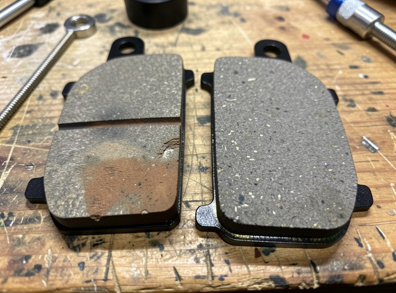 Worn thin brake pad beside a new thick pad on a workbench
