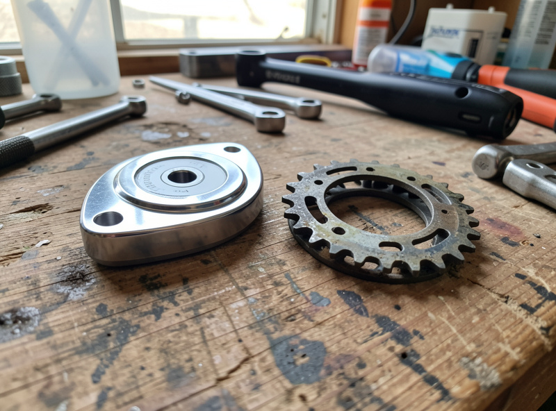 New cassette beside a worn cassette with hooked teeth on a workbench