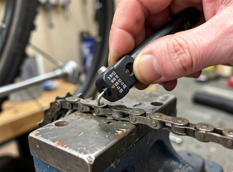Chain wear gauge dropped into an e-bike chain to check elongation