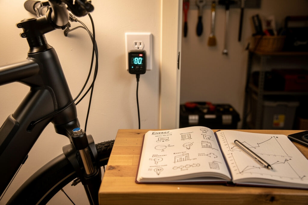 E-bike charging at a wall outlet with a watt-meter and a notebook of energy figures