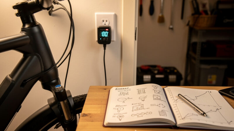 E-bike charging at a wall outlet with a watt-meter and a notebook of energy figures