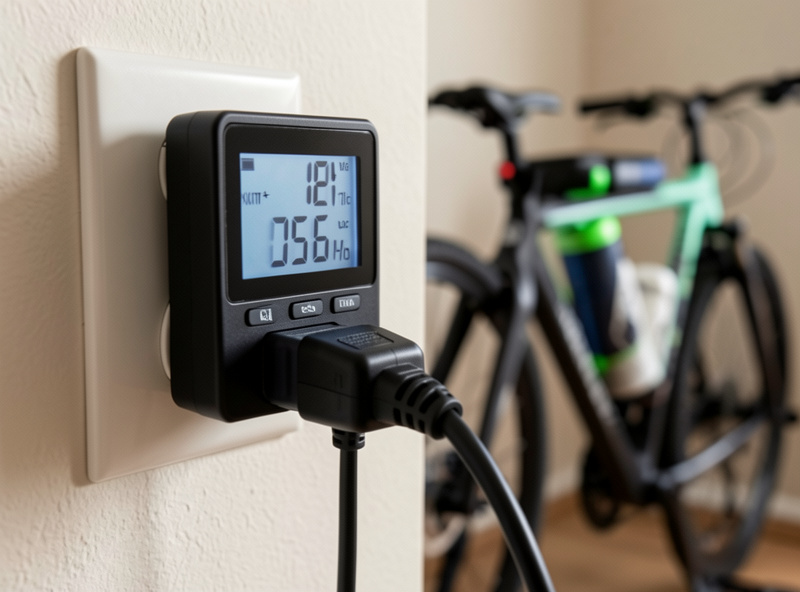 Plug-in watt-meter on a wall outlet showing kilowatt-hours used during an e-bike charge