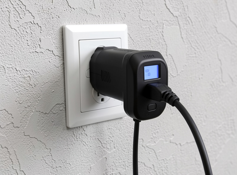 E-bike charger plugged into a scheduled smart plug on a garage wall