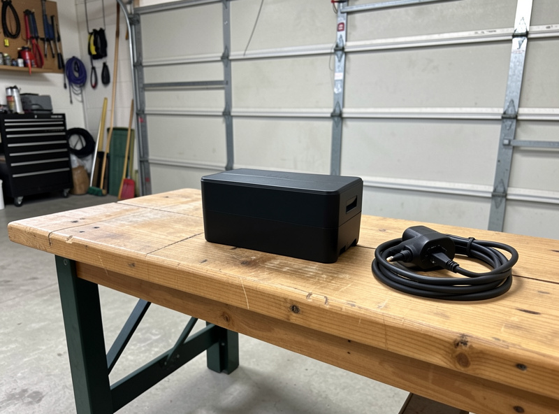 E-bike battery warming to room temperature on a bench before being plugged into its charger
