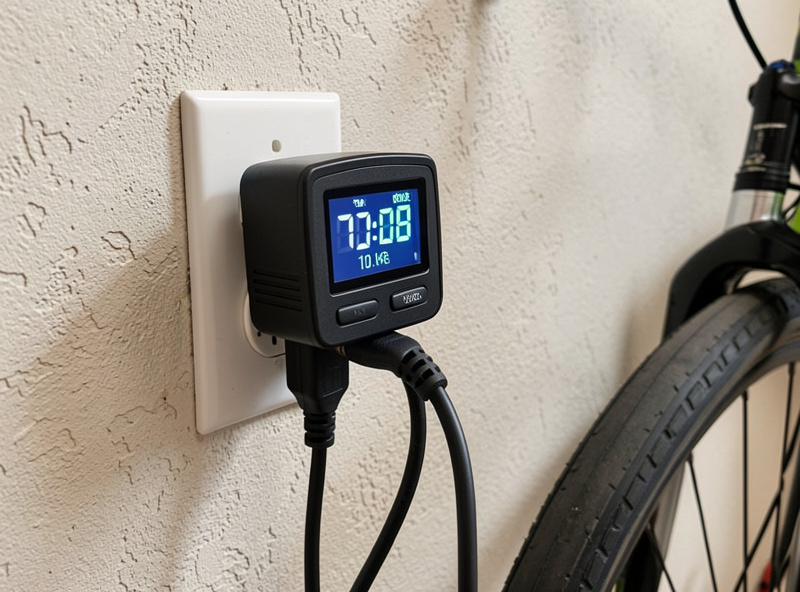 Plug-in watt-meter logging energy use during an e-bike charge on a garage wall outlet