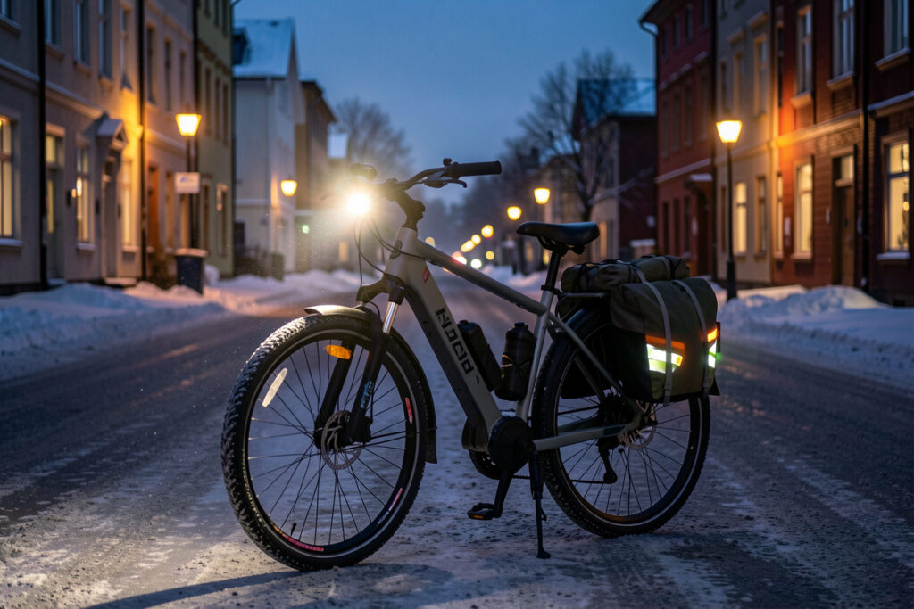 Fully equipped four-season winter commuter e-bike with lights, fenders and loaded panniers on a snowy Nordic street