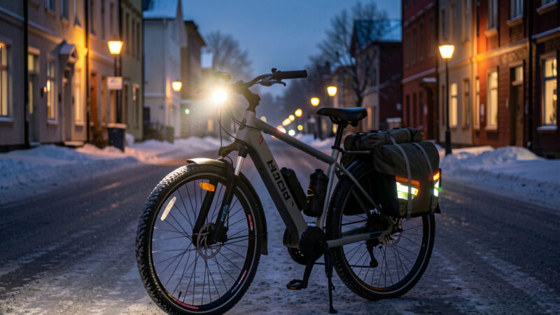 Fully equipped four-season winter commuter e-bike with lights, fenders and loaded panniers on a snowy Nordic street