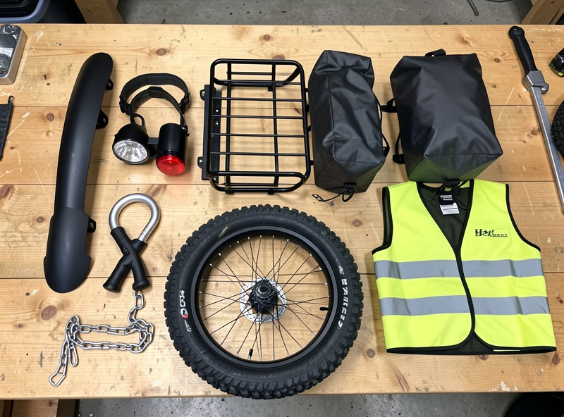 A four-season e-bike commuter loadout laid out on a garage bench: lights, fenders, a rear rack, panniers, studded tire, two locks and a reflective vest
