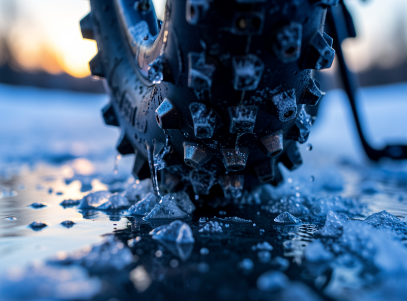 Close-up of a carbide-studded e-bike winter tire biting into a glazed icy cycleway at dawn