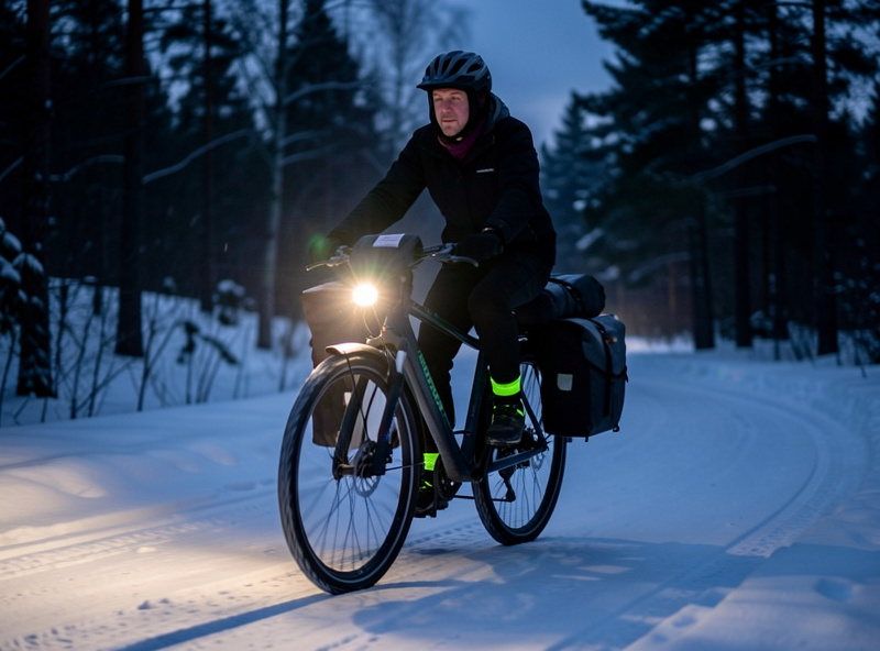 A fully kitted winter commuter e-bike with lights on, fenders, loaded panniers and reflective details, parked on a dark snowy Nordic street
