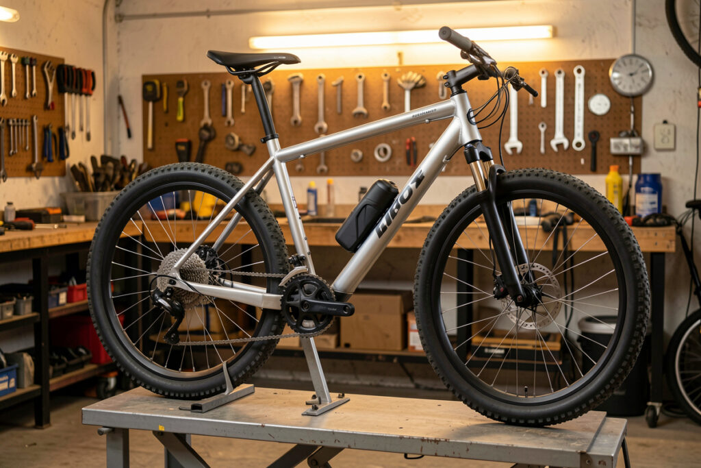 Steel hardtail bicycle on a repair stand being assessed as an e-bike conversion donor