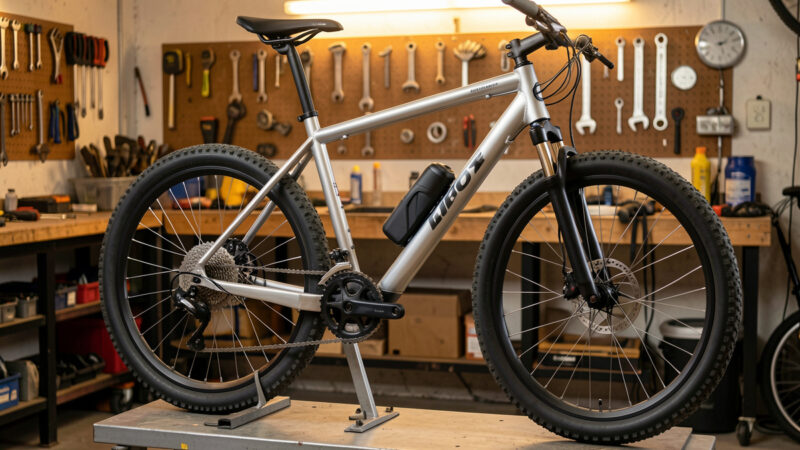 Steel hardtail bicycle on a repair stand being assessed as an e-bike conversion donor