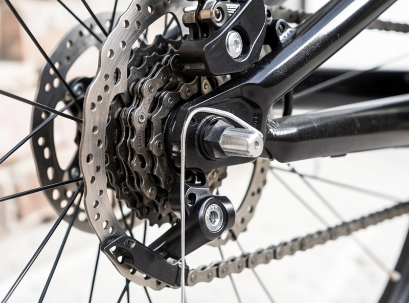 Close-up of a bicycle rear dropout and disc brake mount being measured before an e-bike conversion