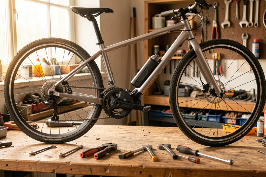 Steel commuter bike mid-conversion with a mid-drive motor being fitted on a garage workbench