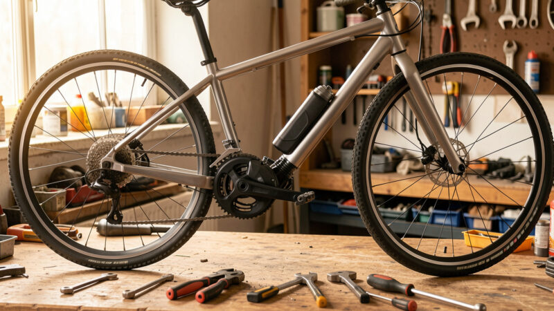 Steel commuter bike mid-conversion with a mid-drive motor being fitted on a garage workbench
