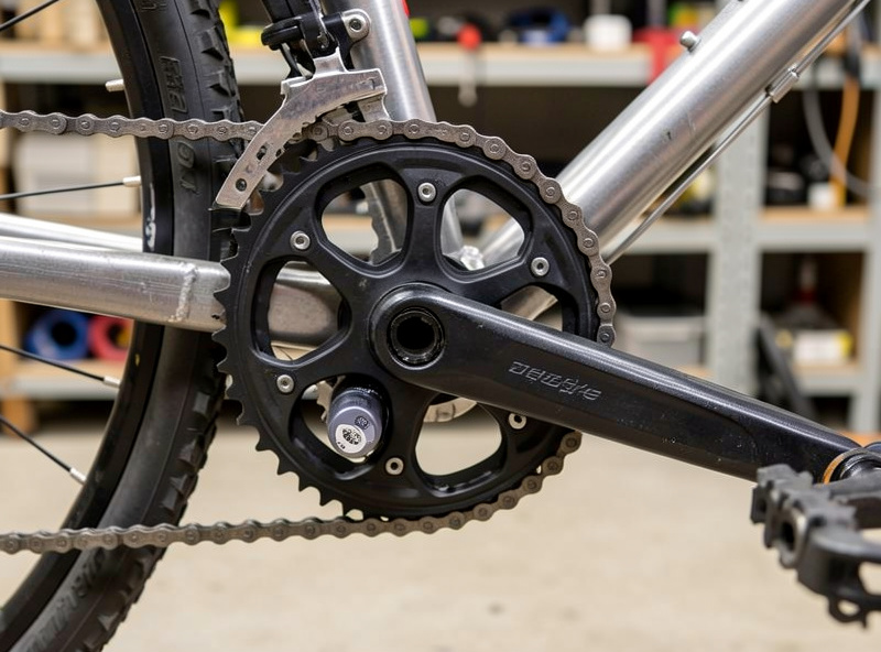 Mid-drive conversion kit motor mounted at the bottom bracket of a steel commuter bike on a workshop bench