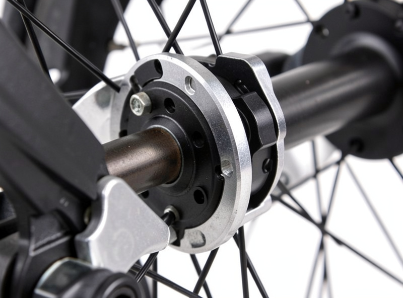 Close-up of rear dropout with a torque arm fitted around a hub motor axle on a converted e-bike