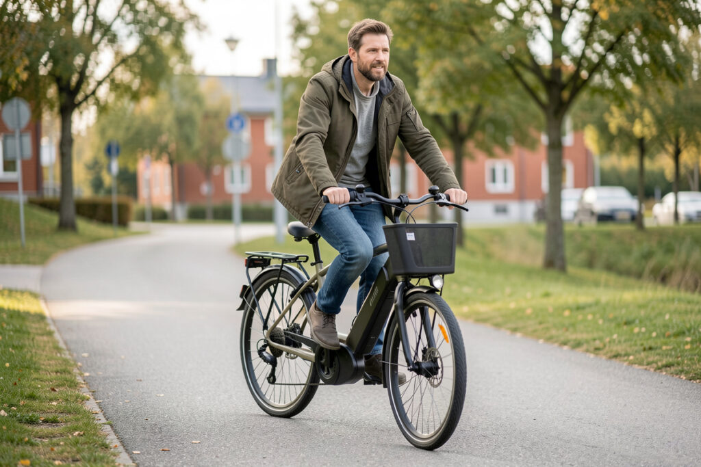 Legal pedelec converted commuter e-bike on a Swedish cycle path