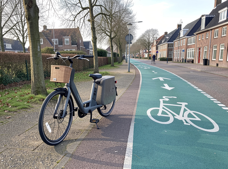 A legal pedelec converted commuter e-bike on a Swedish cycle path with the display showing assist level