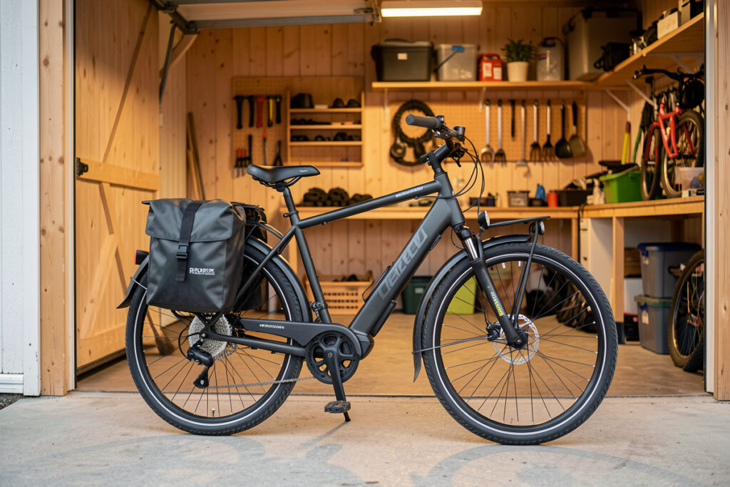 Winter commuter e-bike fitted with full fenders, a rear rack and waterproof panniers
