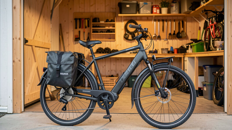 Winter commuter e-bike fitted with full fenders, a rear rack and waterproof panniers