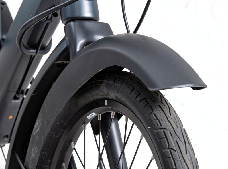 Full-coverage fenders with a long front mudflap fitted to a winter commuter e-bike, close to the tire