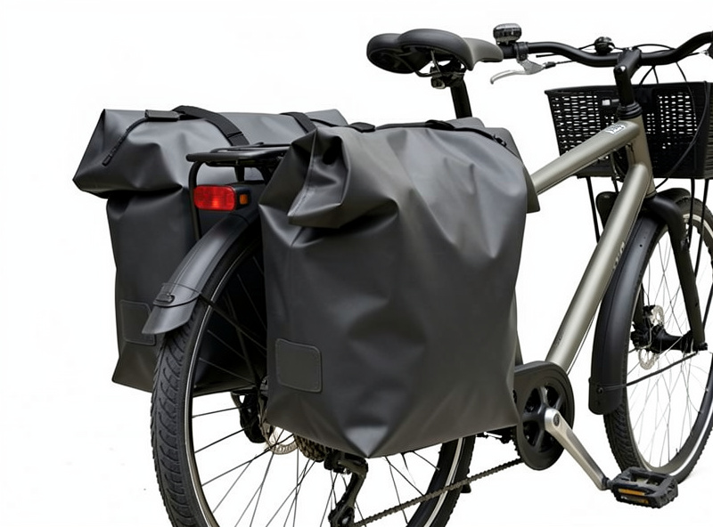 A pair of waterproof roll-top panniers mounted on a rear rack of a commuter e-bike, loaded and clipped to the rail