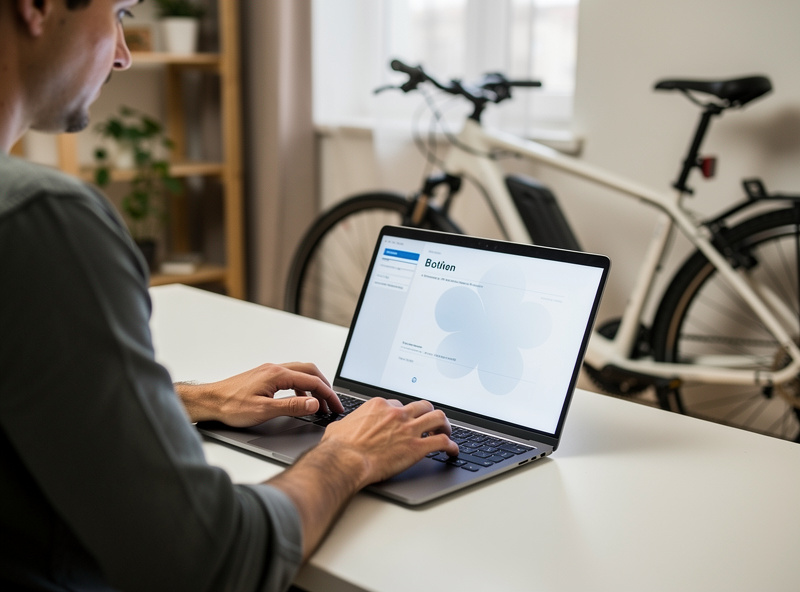 E-bike owner reviewing an insurance policy document on a laptop next to the parked bike