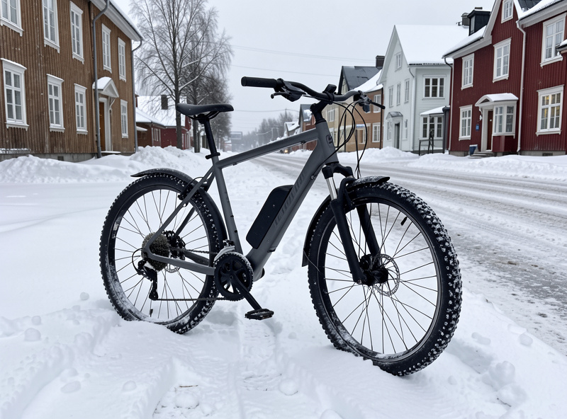 E-bike with studded winter tires on a snowy salted Nordic street