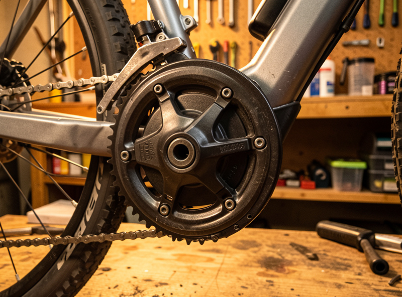 Bosch mid-drive motor mounted at the cranks of an e-bike on a garage workbench