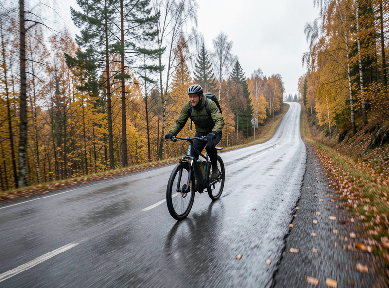 Cyclist climbing a steep wet hill on a mid-drive e-bike in autumn conditions
