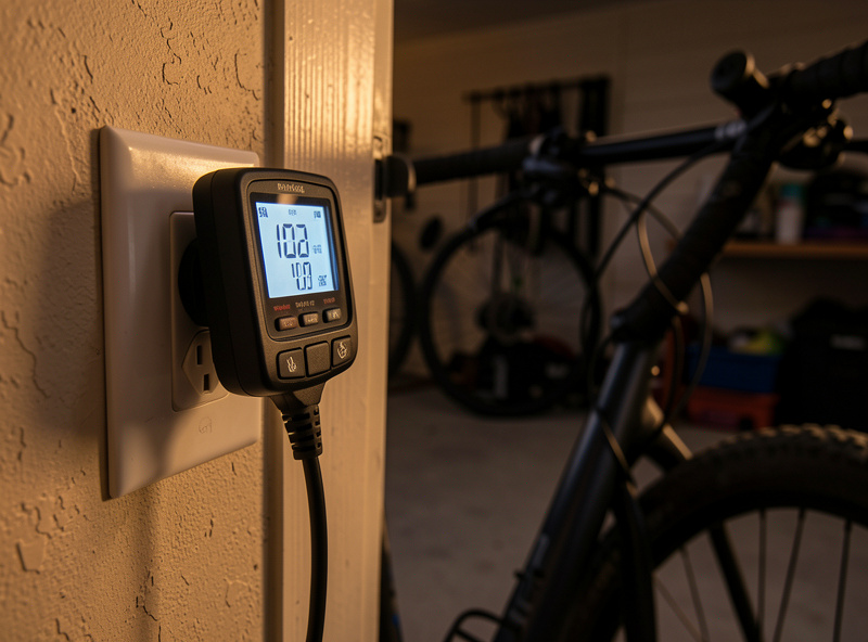 Watt-meter logging an e-bike battery charge at a wall outlet in a home garage