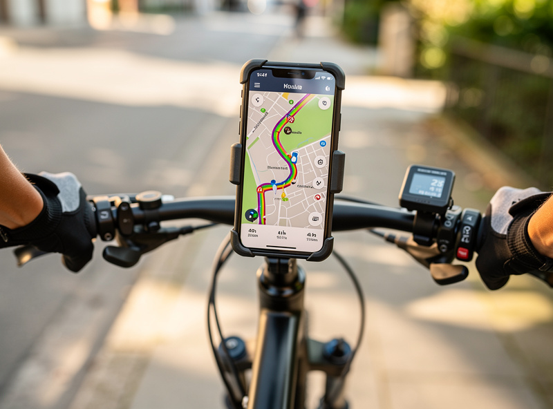 Cyclist checking a phone route plan next to an e-bike before a ride