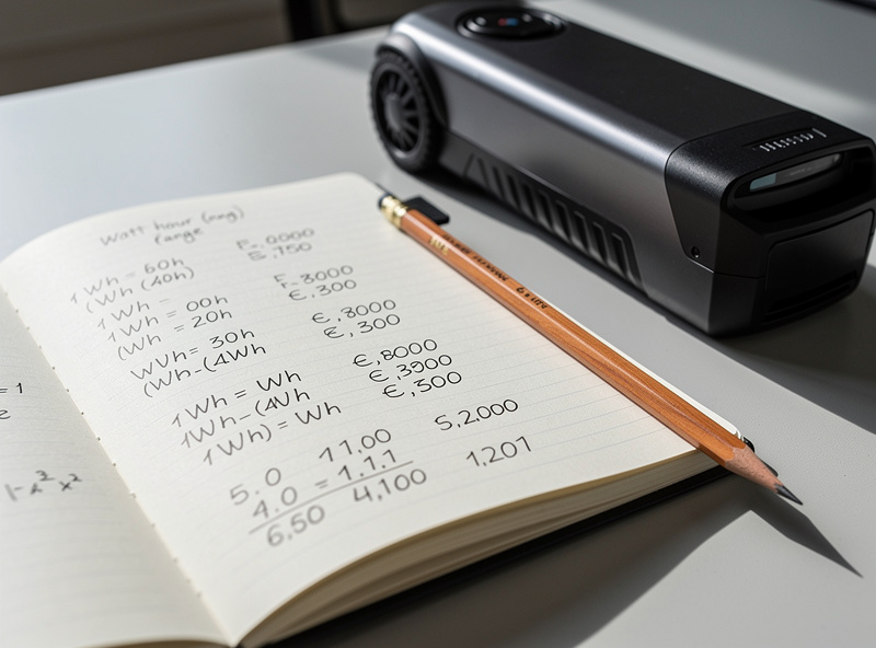 Notebook range log next to an e-bike battery showing watt-hours and distance calculations