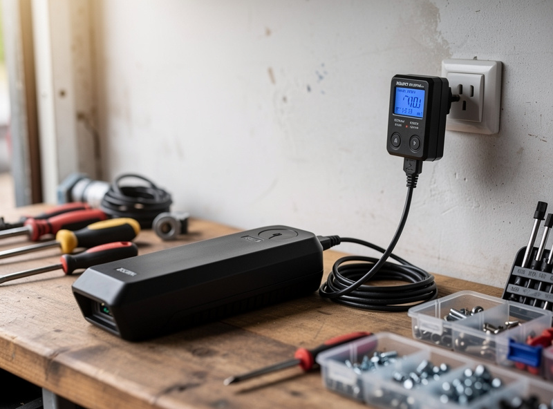 E-bike on a workbench with a plug-in watt-meter logging charge energy at the wall