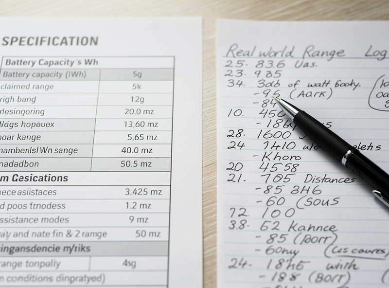 Manufacturer e-bike spec sheet next to a handwritten real-world range log on a workbench