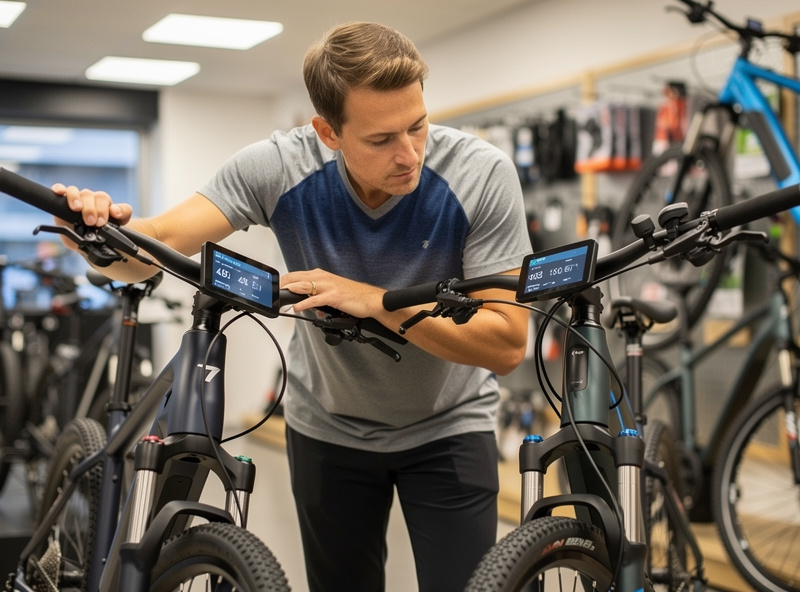 Rider comparing two e-bikes in a shop, checking battery watt-hour ratings before buying
