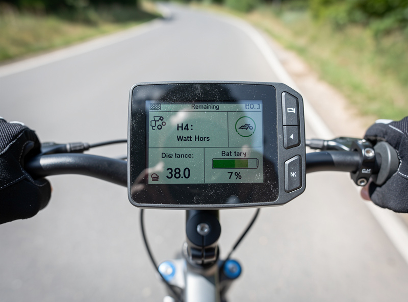 E-bike display showing watt-hours and trip distance during a logged range test