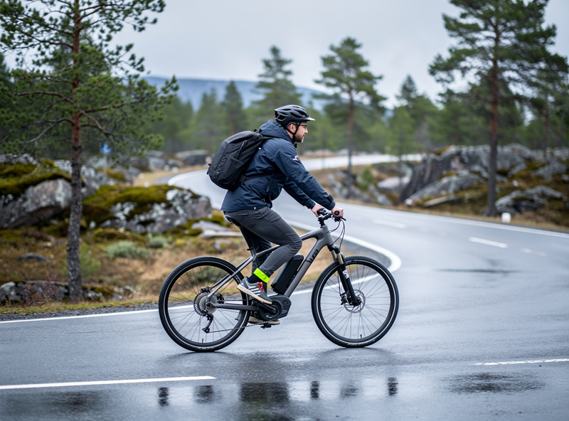 Mid-drive e-bike on a Swedish road during a repeatable range-logging loop