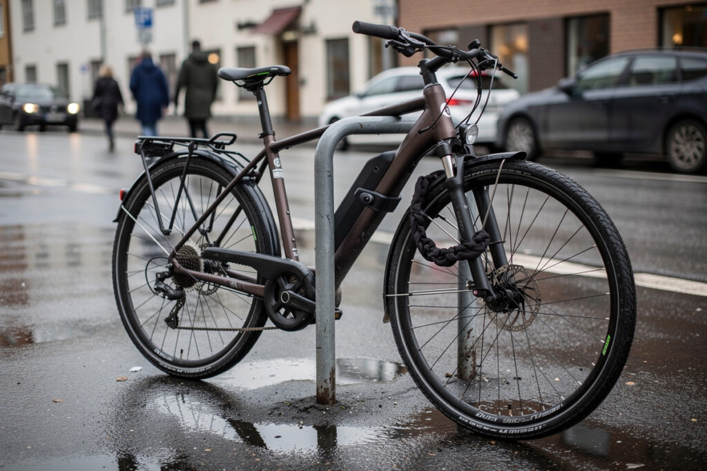 E-bike locked with two locks to a steel rack on a Nordic city street