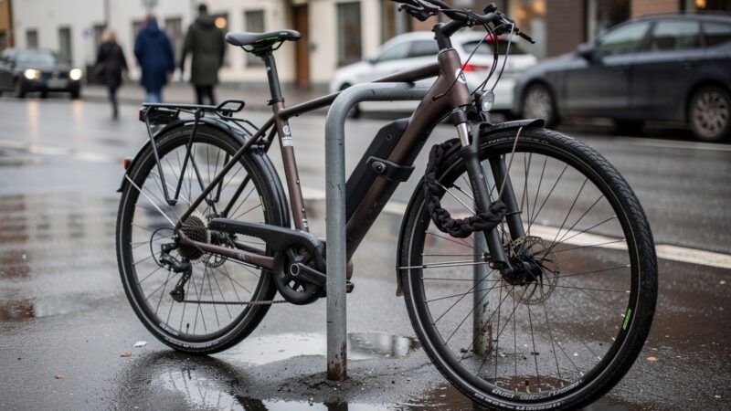 E-bike locked with two locks to a steel rack on a Nordic city street