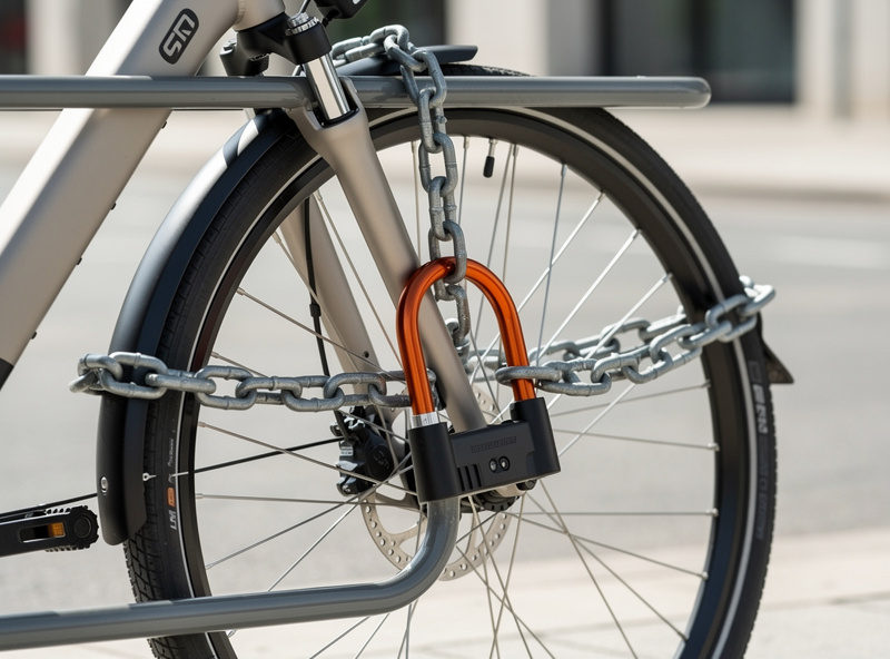 E-bike locked to a steel rack with a heavy U-lock through the frame and rear wheel and a separate chain on the front