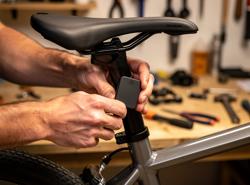 Small GPS tracker being tucked inside an e-bike seatpost before the saddle is refitted
