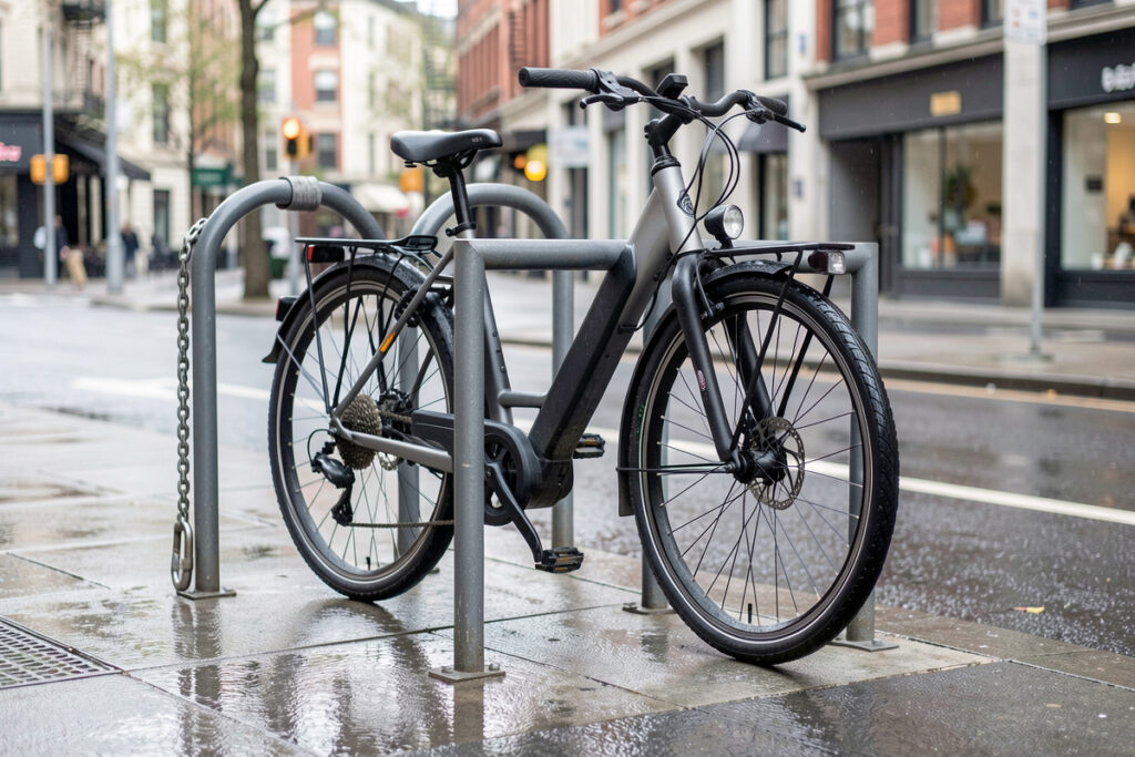 Commuter e-bike secured to a city rack with a hardened U-lock and a separate chain