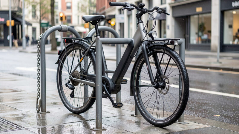 Commuter e-bike secured to a city rack with a hardened U-lock and a separate chain