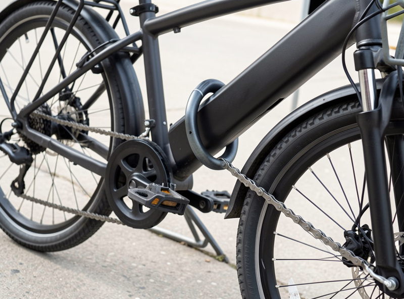 An e-bike secured with a hardened U-lock through the frame and rear wheel plus a separate chain through the front wheel to a steel rack