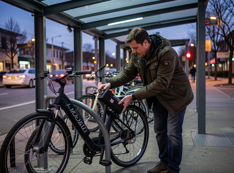 A commuter removing the battery from an e-bike before leaving it locked at a covered transit rack