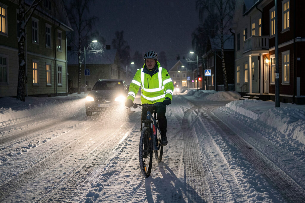 Winter commuter cyclist in fluorescent and retroreflective gear lit by headlights on a dark Nordic street