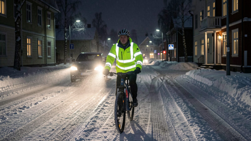 Winter commuter cyclist in fluorescent and retroreflective gear lit by headlights on a dark Nordic street