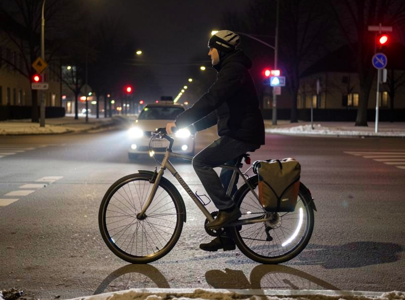 A fully visible winter commuter cyclist seen from the side at a junction, reflective wheel sidewalls and pannier tape catching headlights